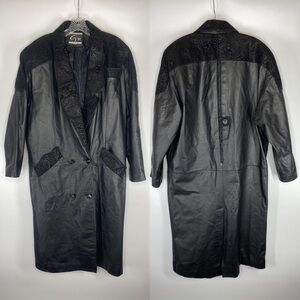 Vintage Global Identity Leather Trench Coat Paisley Trim Size Medium 80s